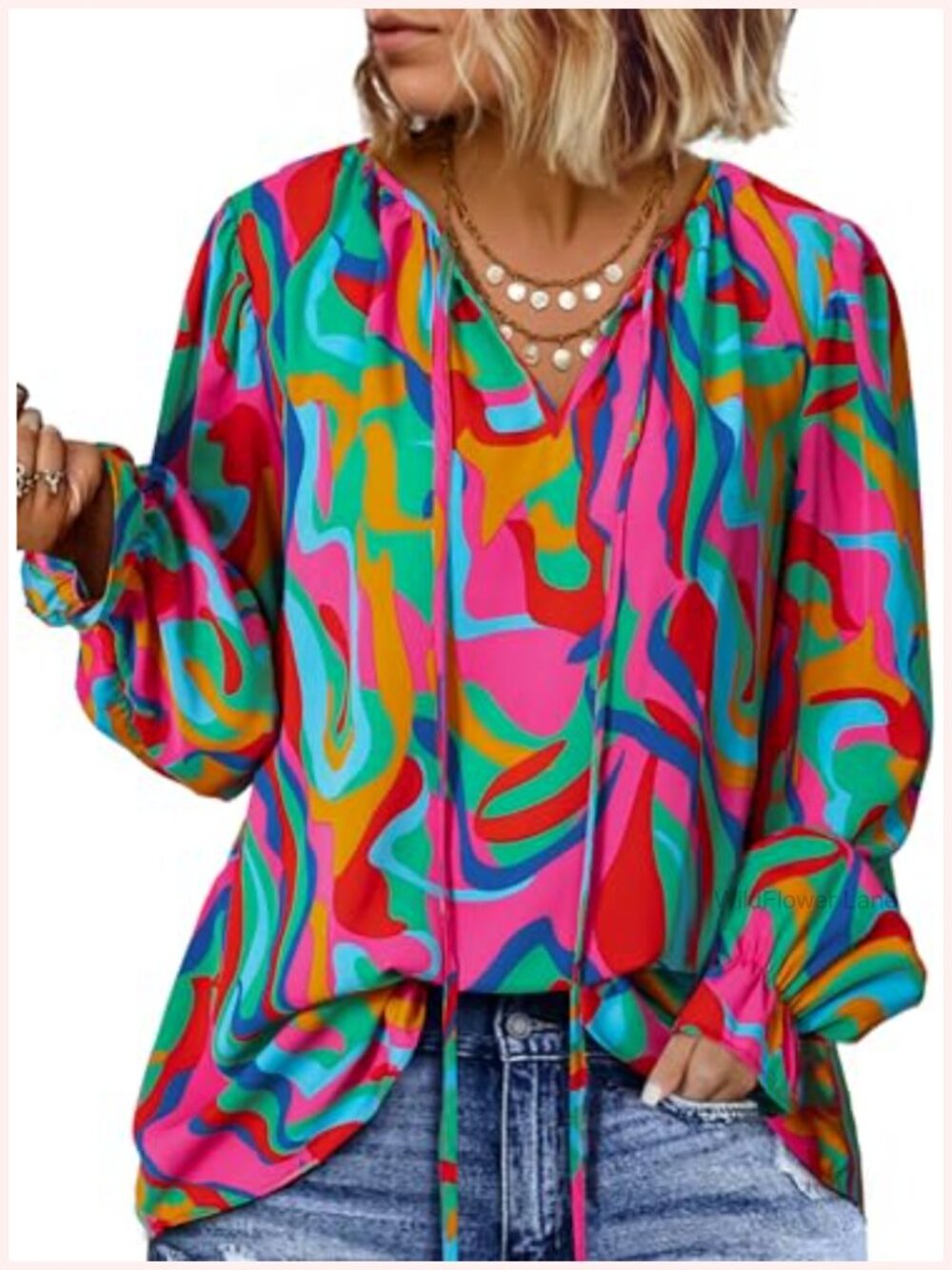 Plus Size Boho Floral V Neck Smocked Long Sleeve Drawstring Blouse Top